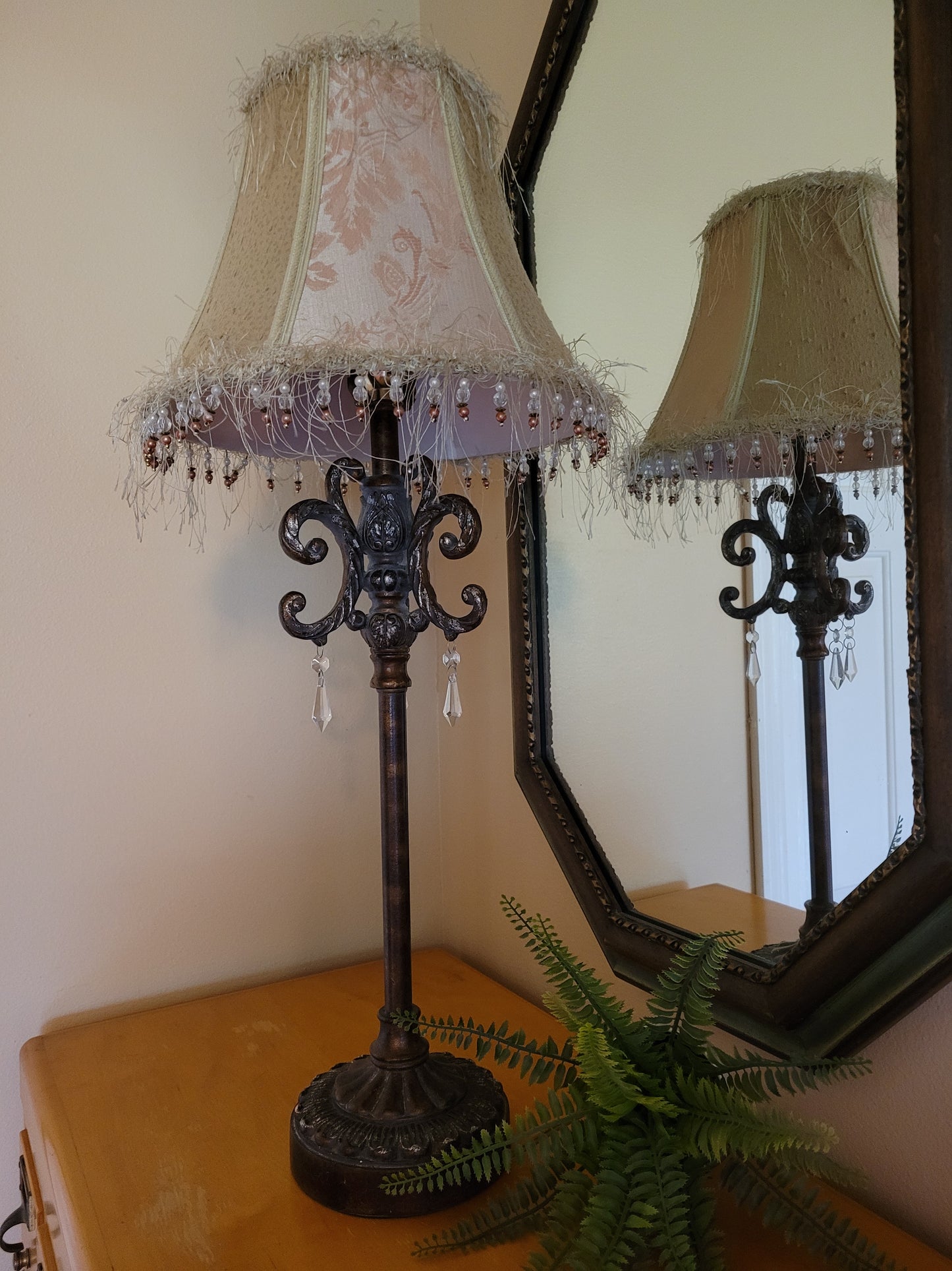 Vintage Antique Bronze Lamp with Beaded Fringed Shade