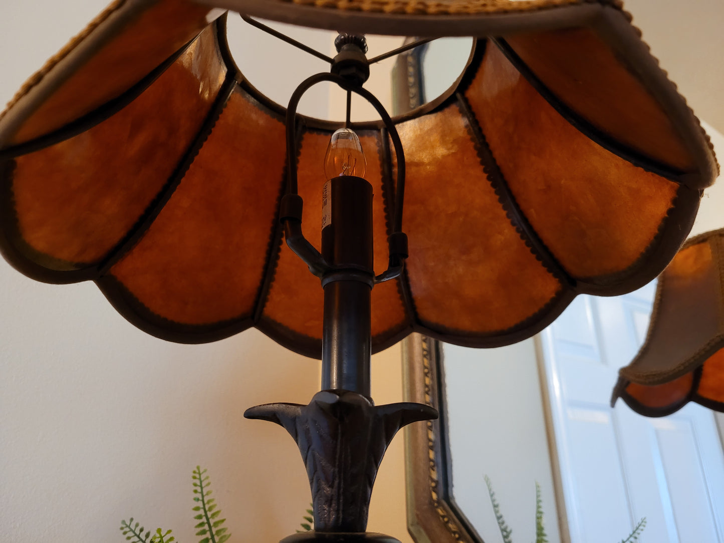 Vintage Tiger Eye Glass Table Lamp with 1930s Fiberglass Shade