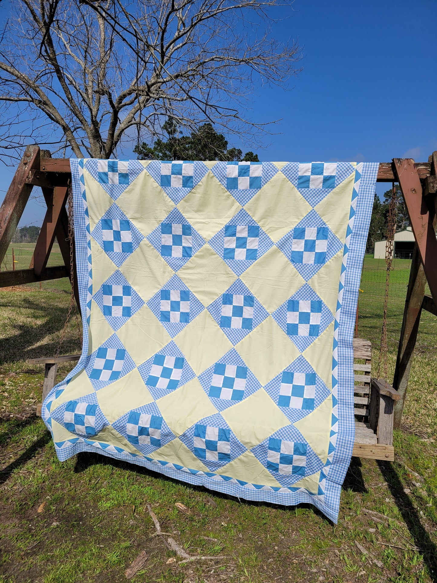 Vintage Blue Gingham Quilt Top