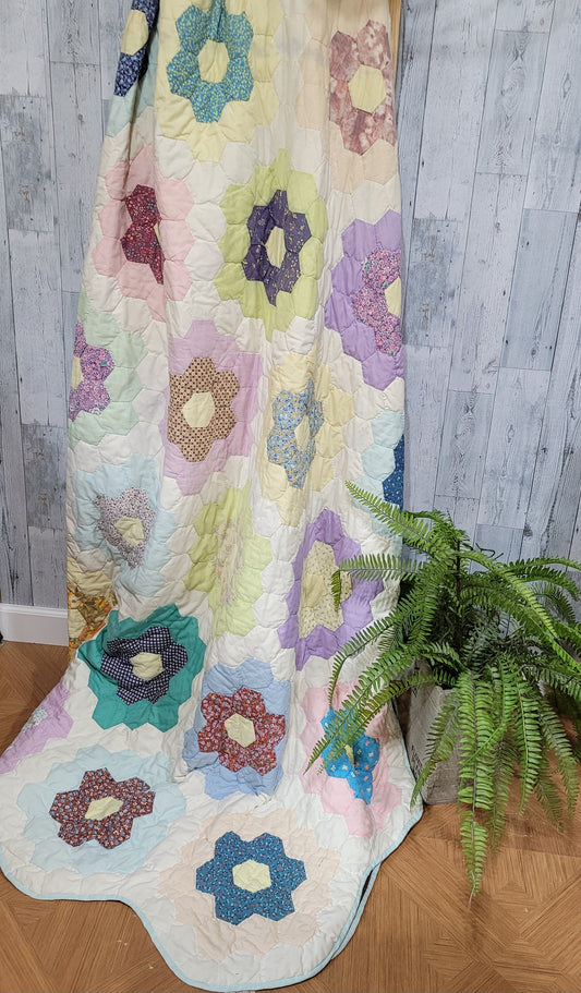 KING! Grandmother's Garden Hand-Quilted Vintage Quilt