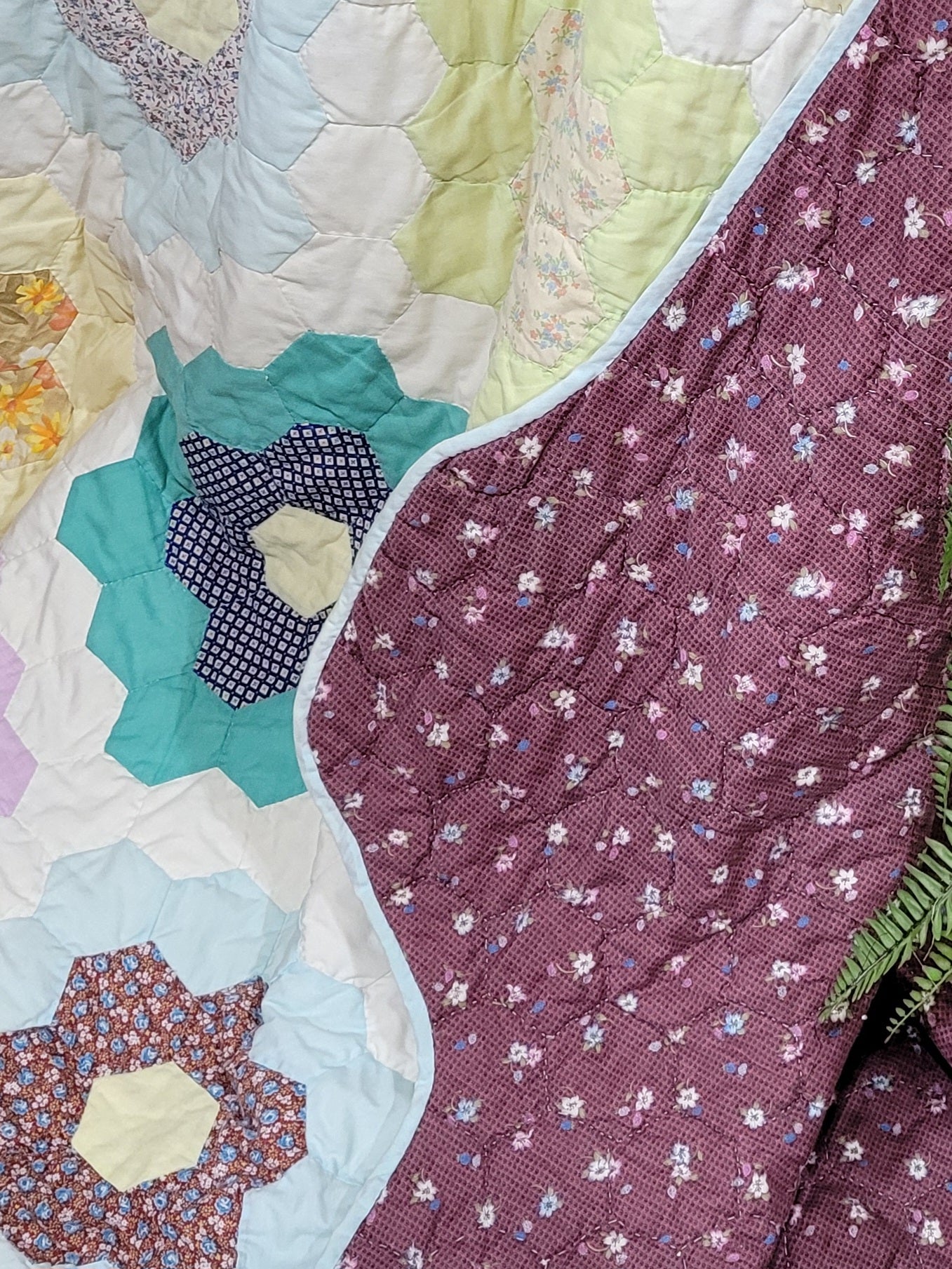 KING! Grandmother's Garden Hand-Quilted Vintage Quilt