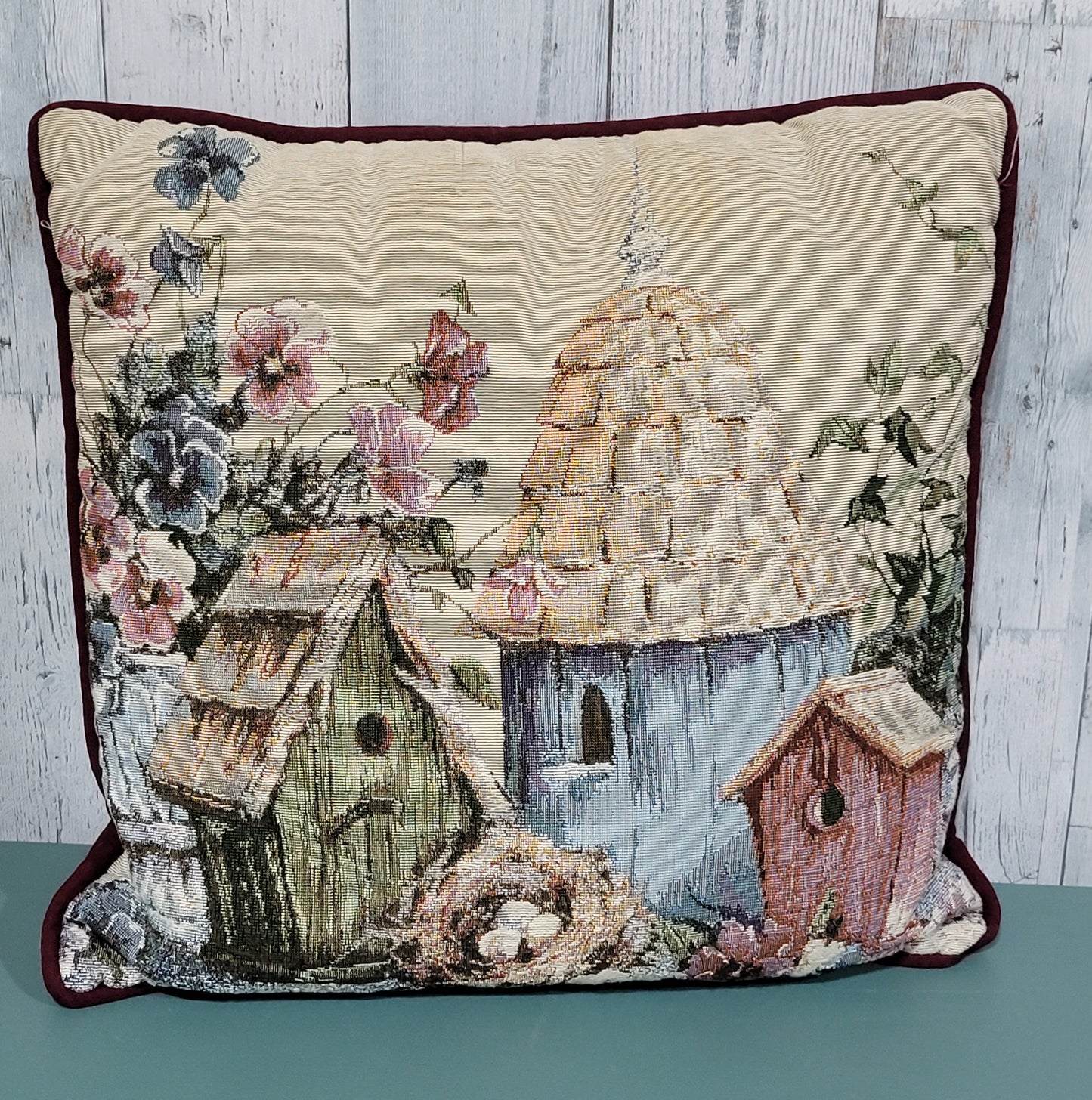 Vintage Tapestry Birdhouse Throw Pillow