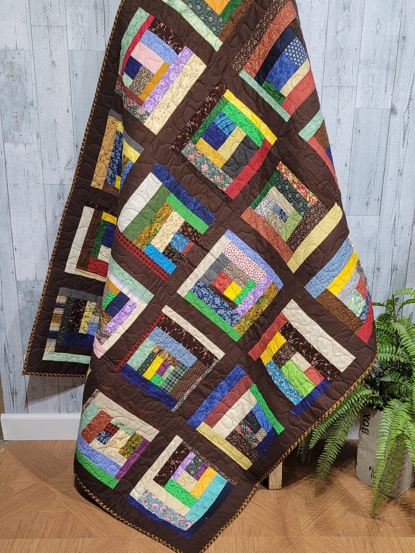 Scrappy Log Cabin Quilted Throw Blanket
