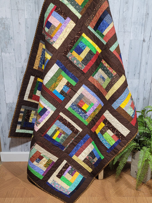 Scrappy Log Cabin Quilted Throw Blanket