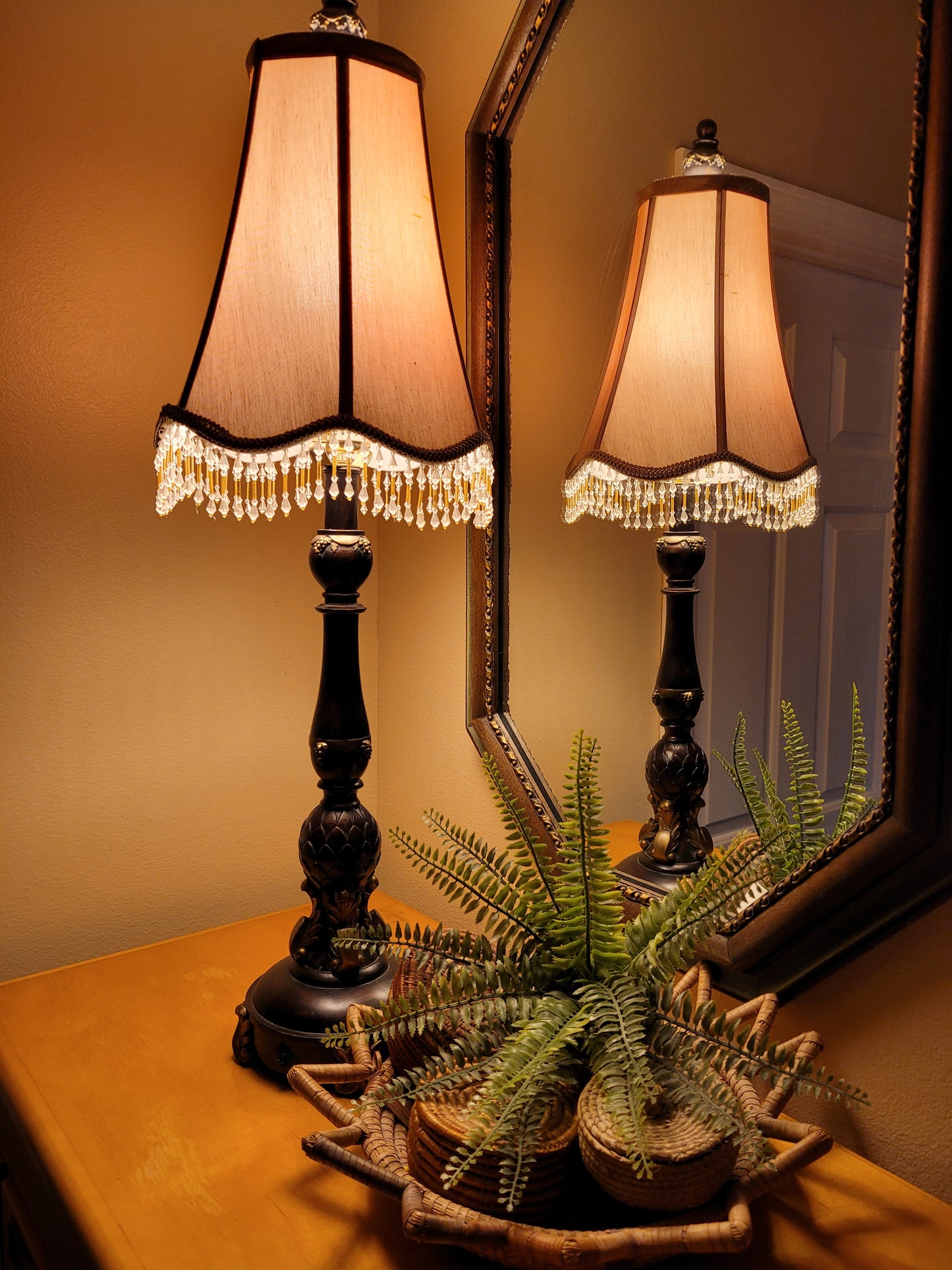 Cast Pedestal Lamp with Fringed Shade