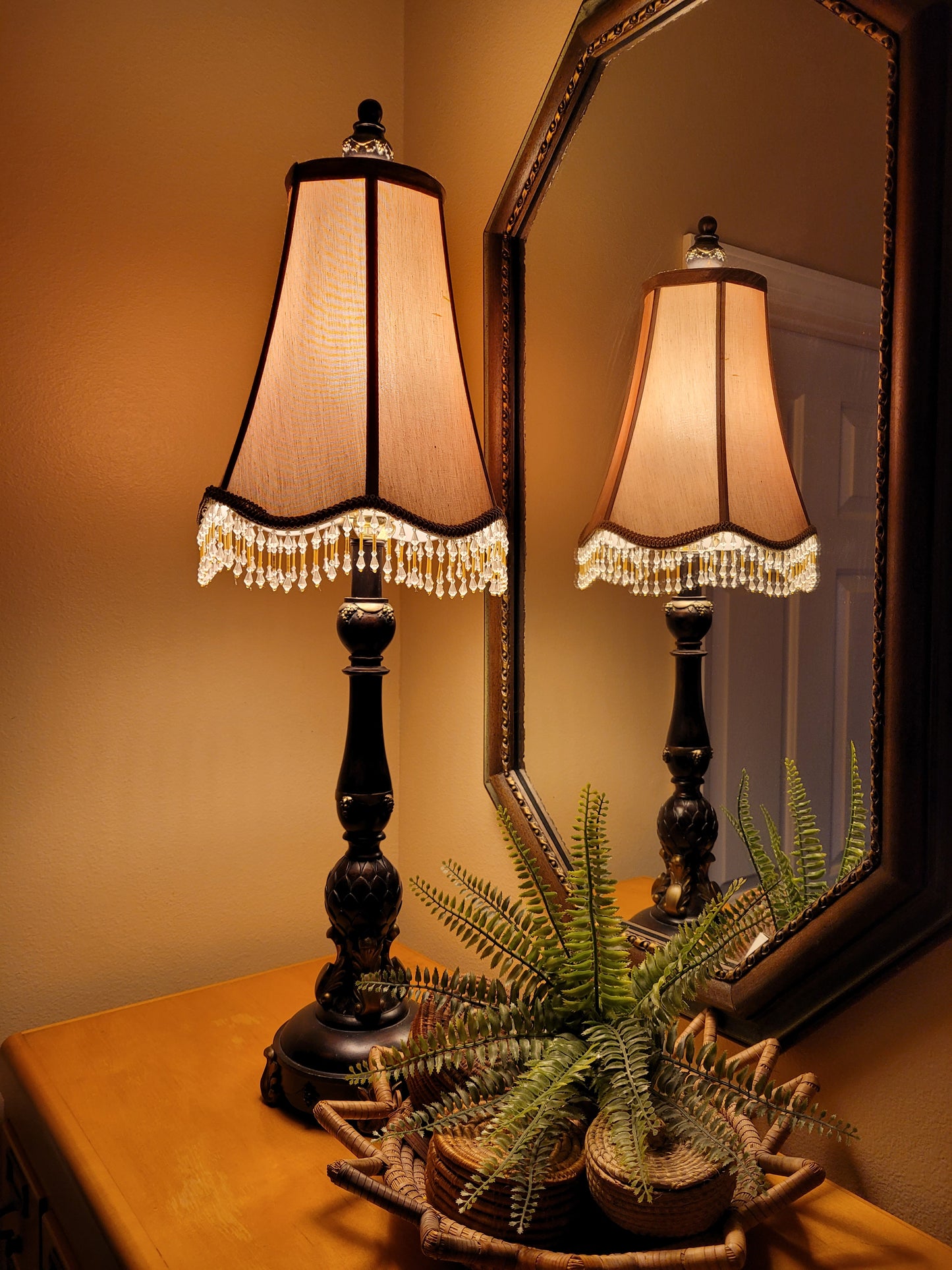 Cast Pedestal Lamp with Fringed Shade