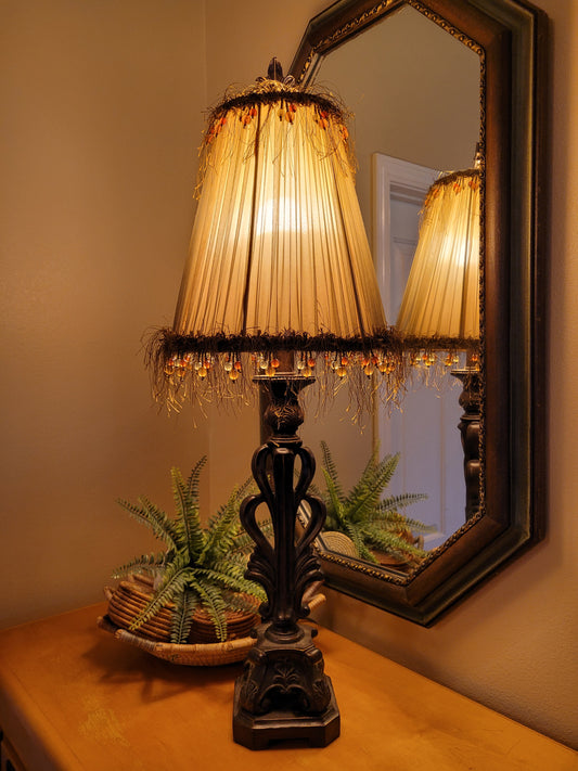 Vintage Candlestick Lamp with Fringed Shade