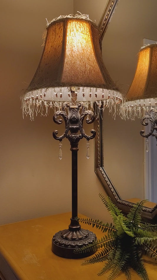 Vintage Antique Bronze Lamp with Beaded Fringed Shade