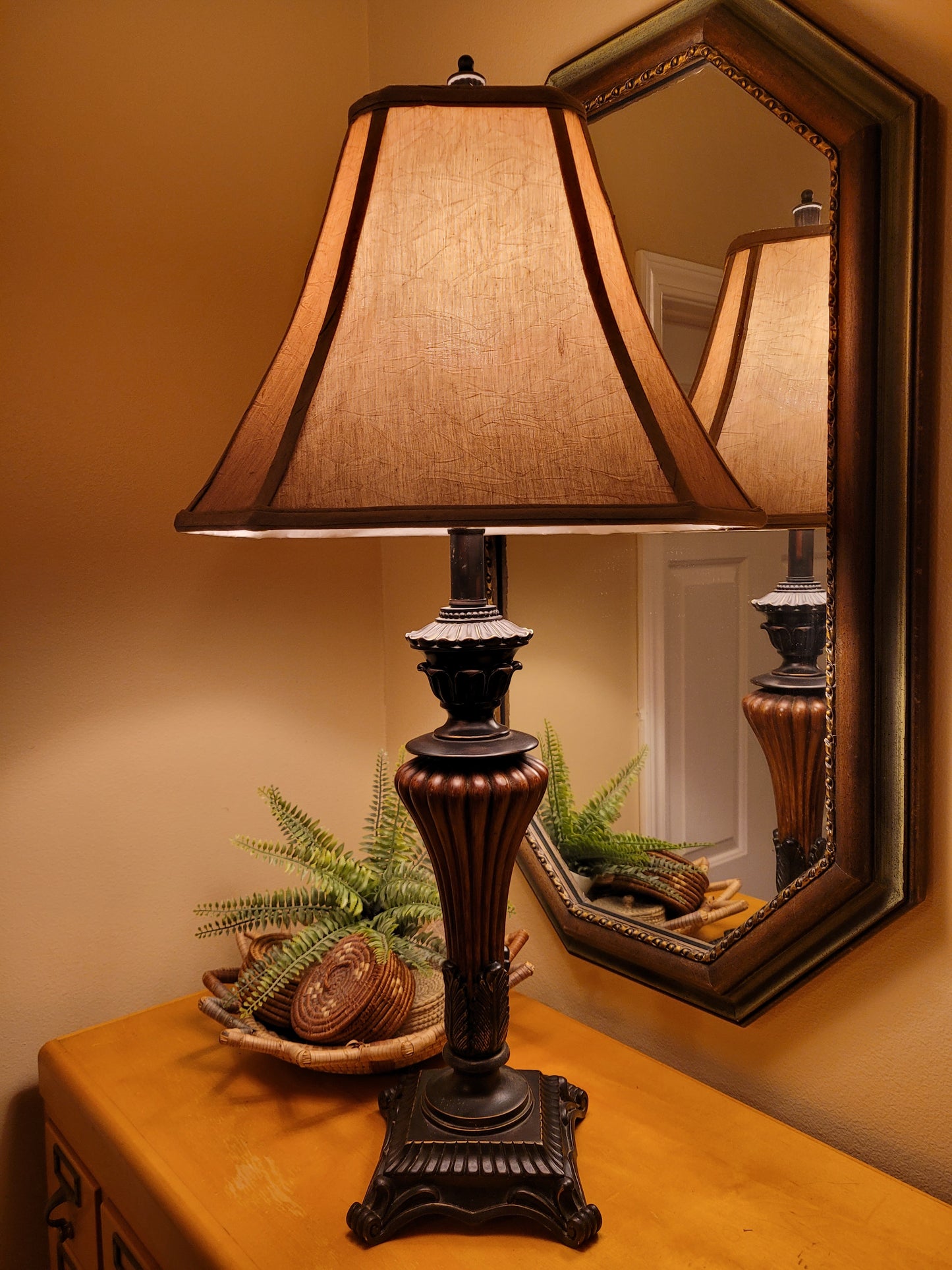 Vintage Bronze and Wood Pedestal Lamp