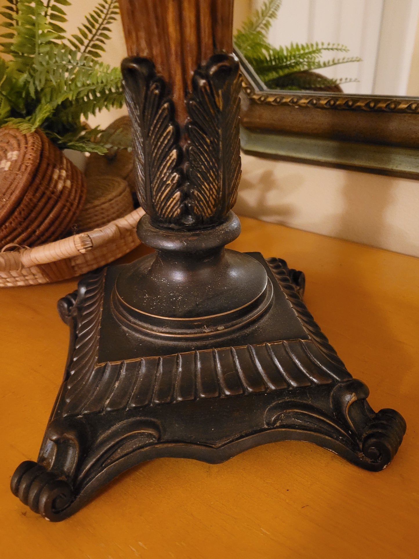 Vintage Bronze and Wood Pedestal Lamp