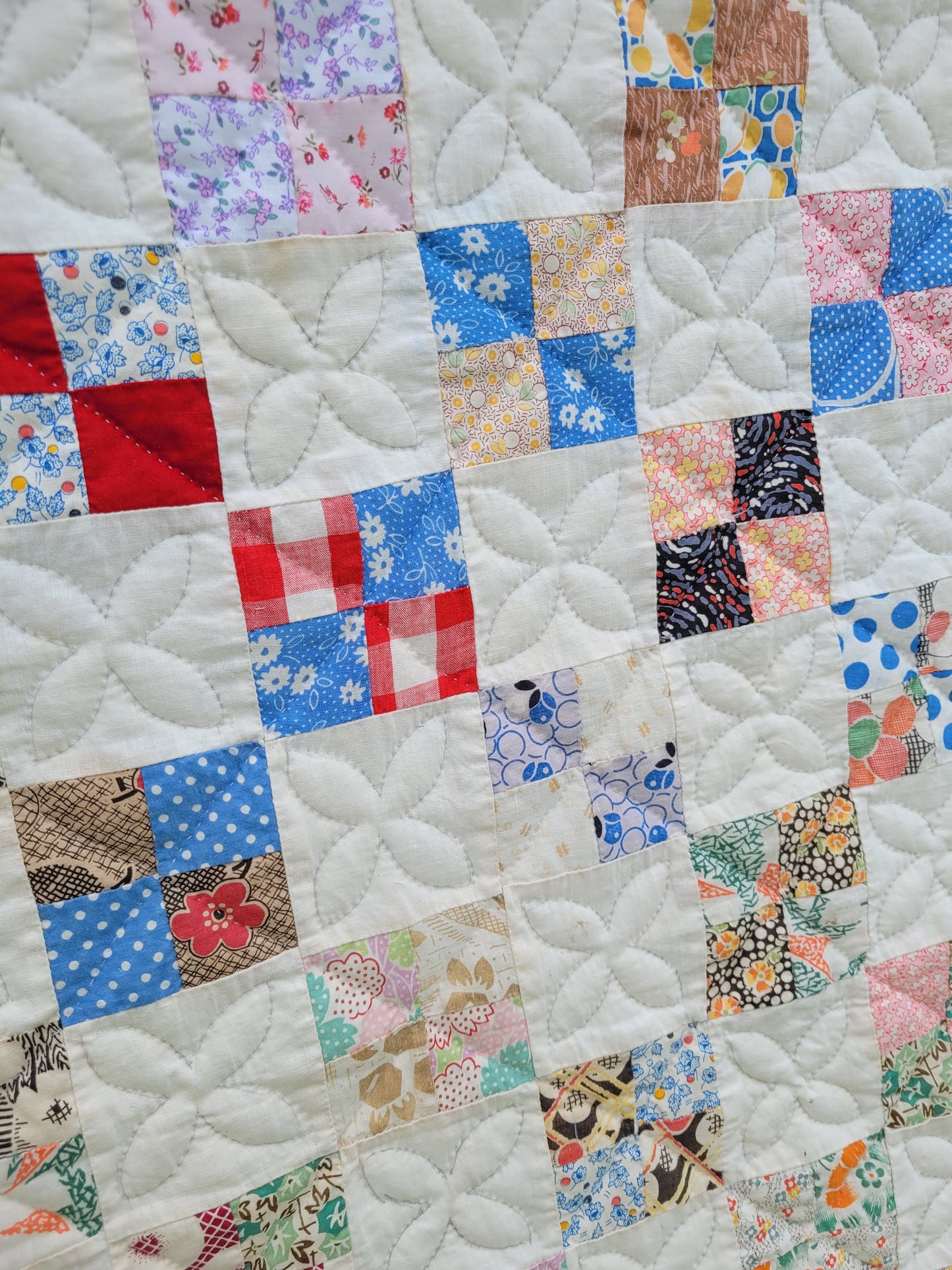 Hand-Quilted Antique 4-Patch Quilt