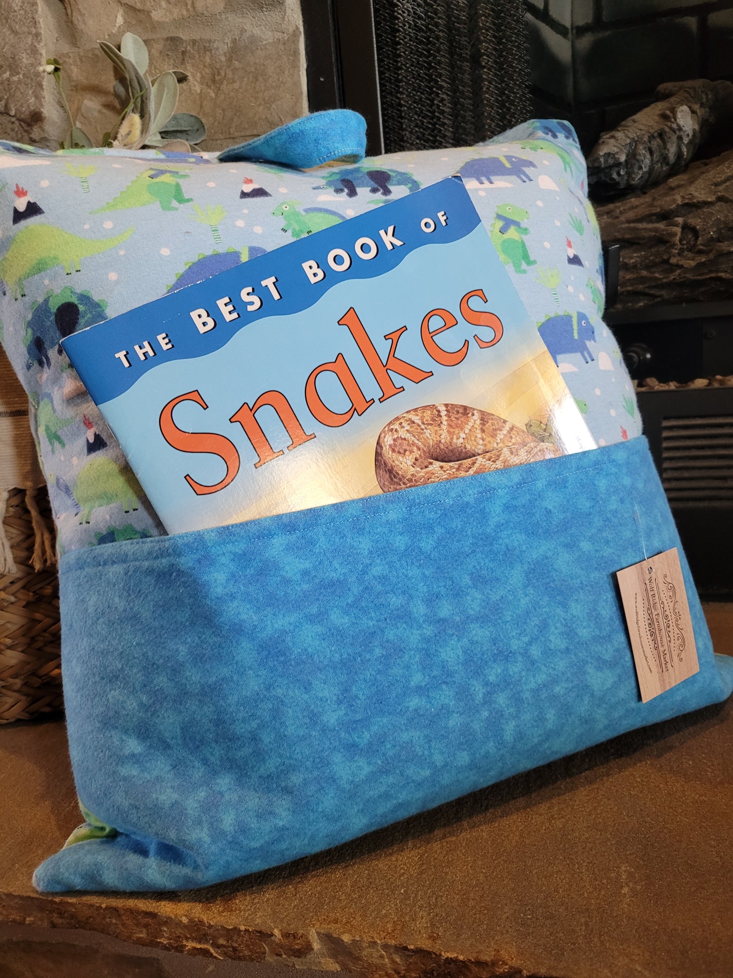 Blue Dinosaur Reading Pocket Pillow