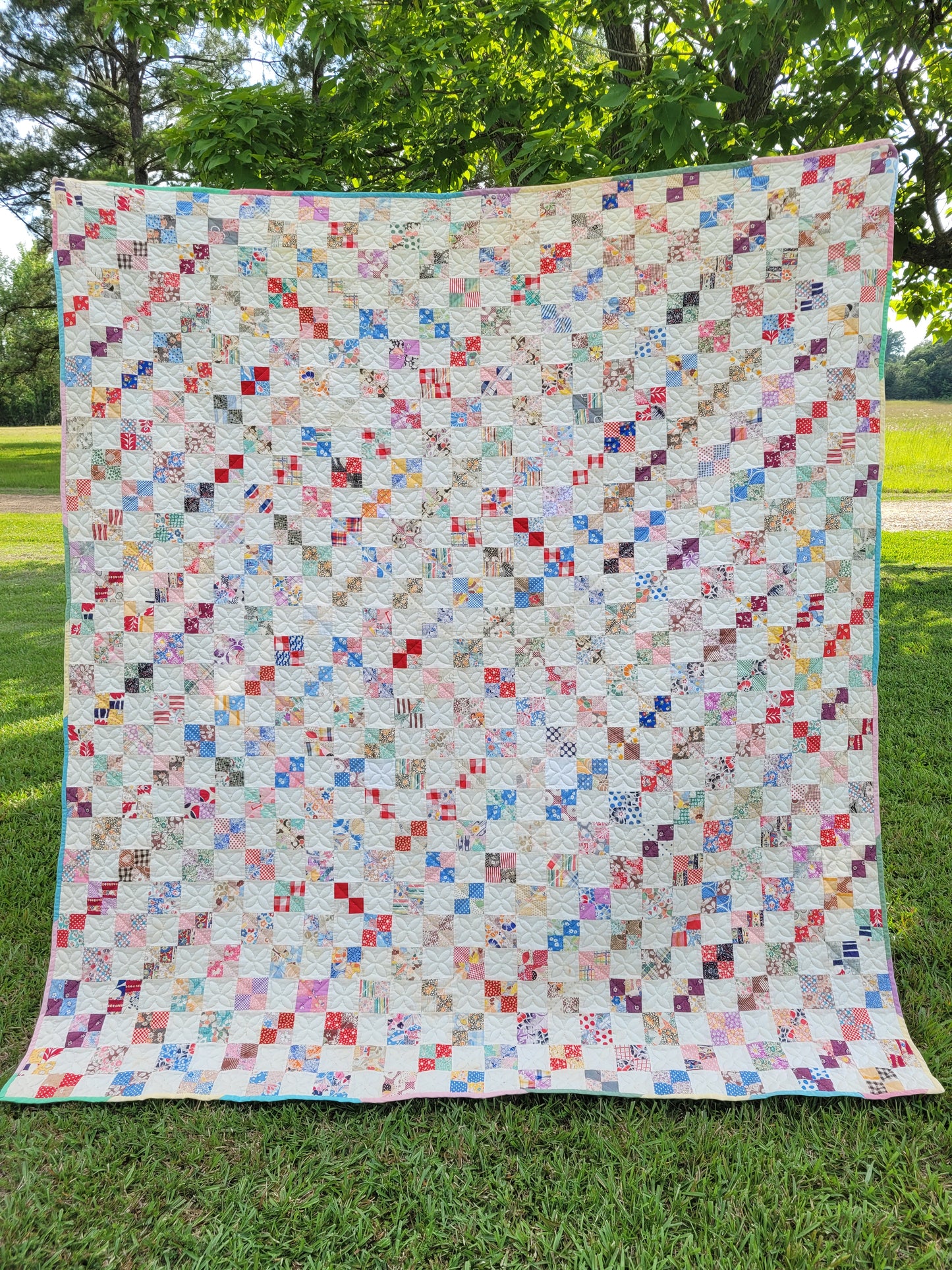 Hand-Quilted Antique 4-Patch Quilt
