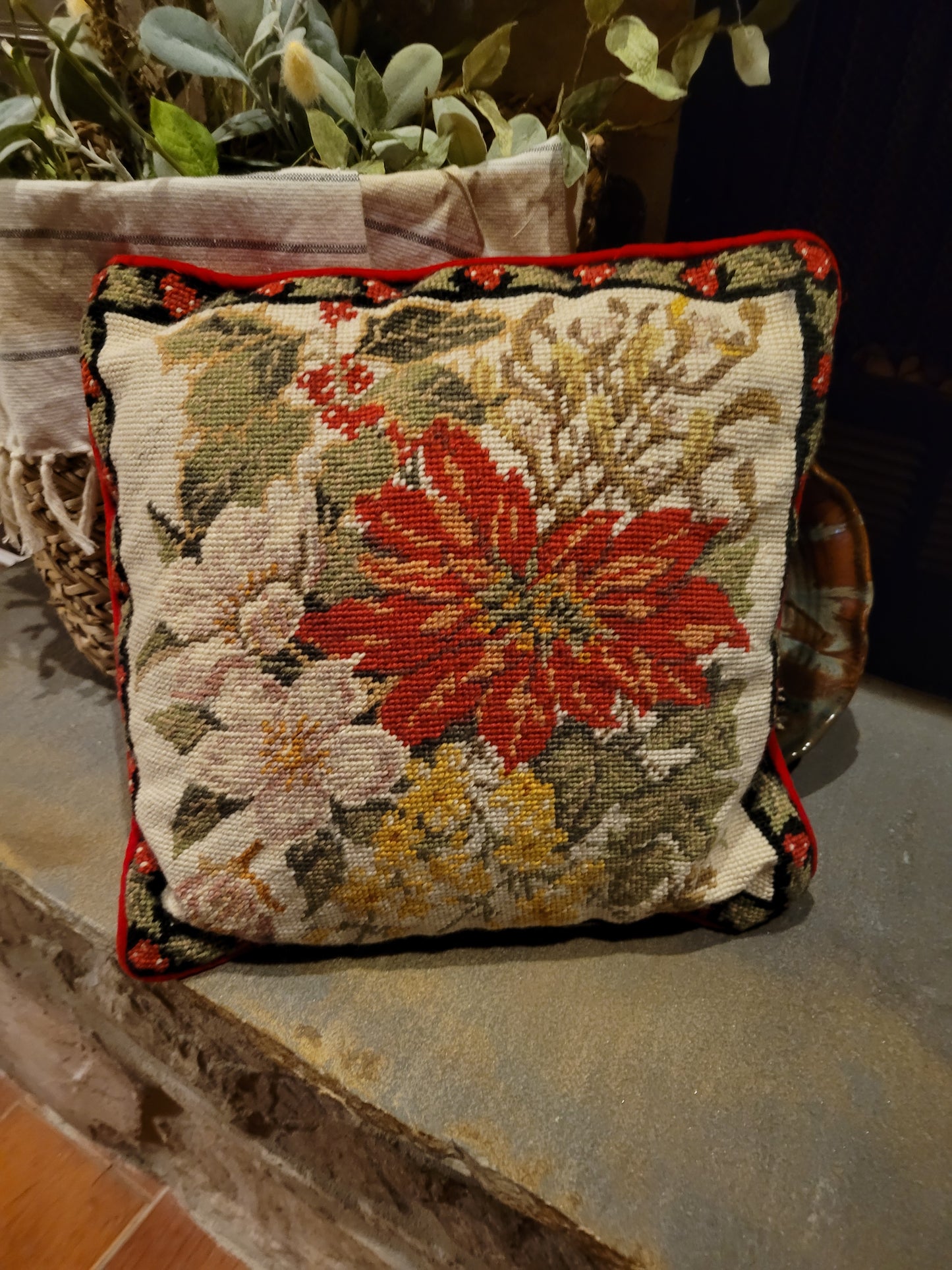 Vintage Needlepoint Poinsettia Pillow