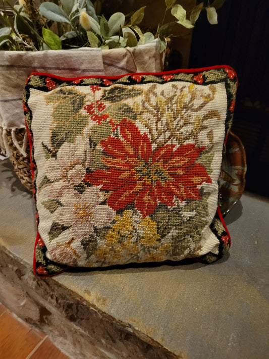 Vintage Needlepoint Poinsettia Pillow