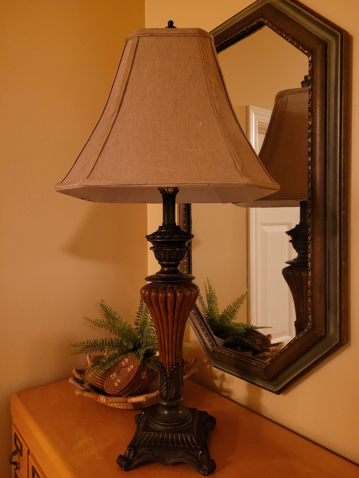 Vintage Bronze and Wood Pedestal Lamp