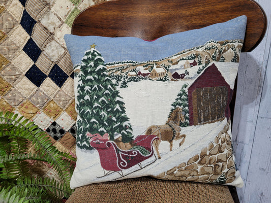 Vintage Tapestry Sleigh Ride Throw Pillow