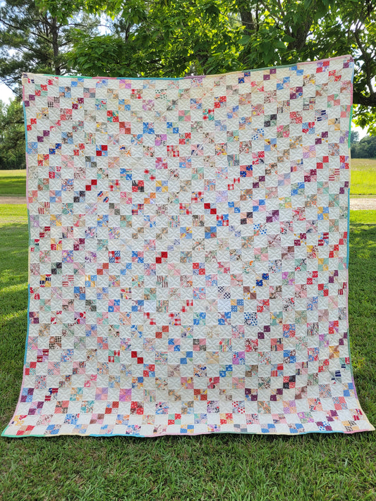 Hand-Quilted Antique 4-Patch Quilt