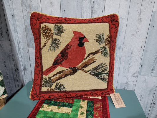 Vintage Tapestry Throw Pillow with Cardinals