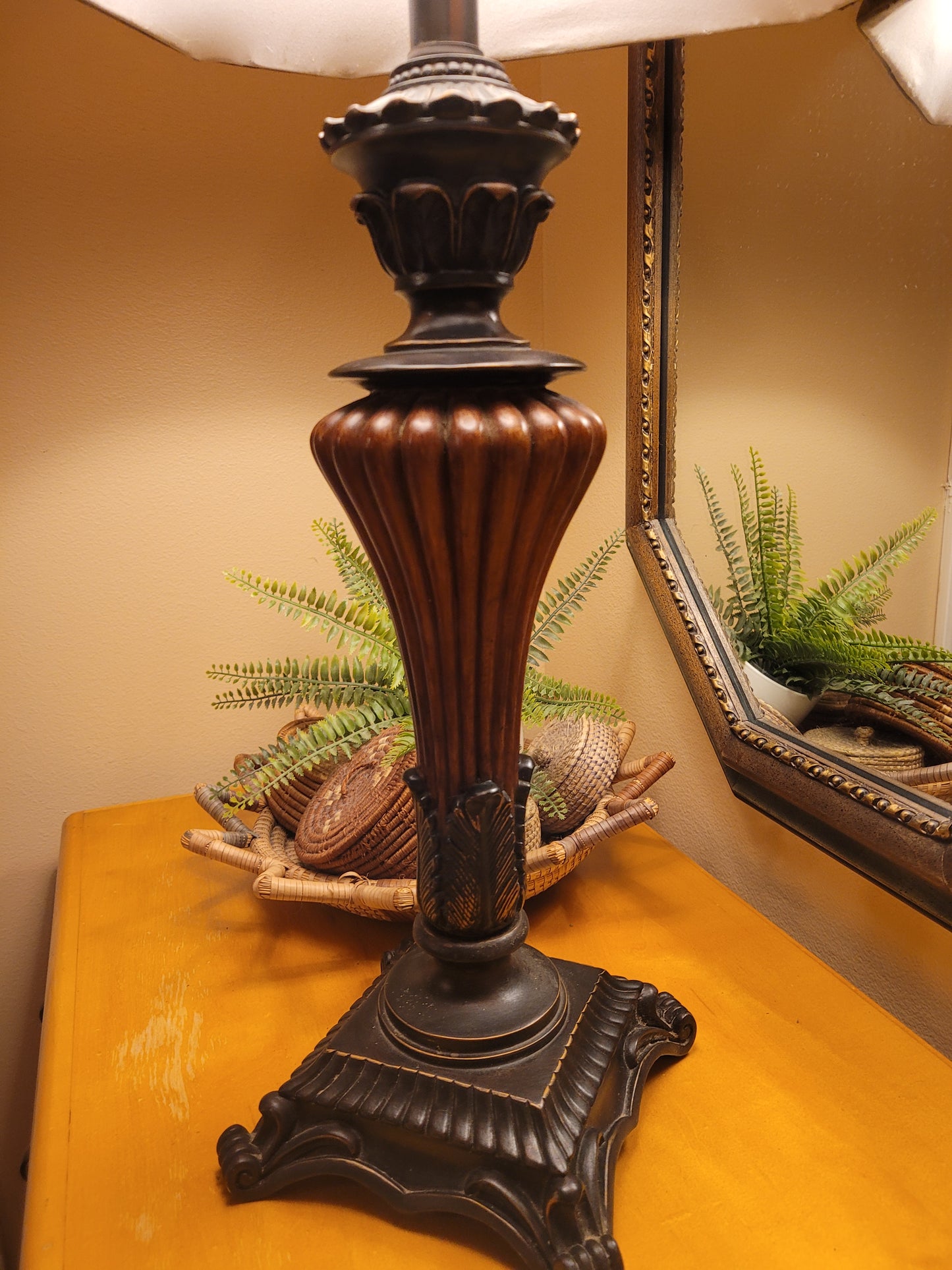 Vintage Bronze and Wood Pedestal Lamp