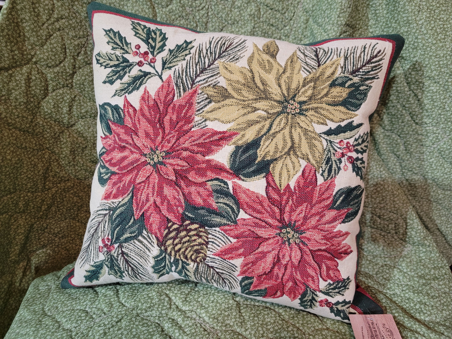 Vintage Tapestry Poinsettia Throw Pillow