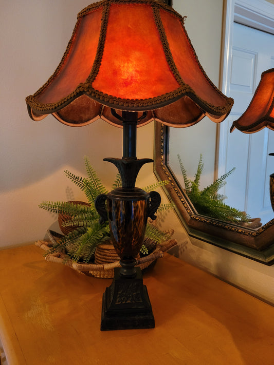 Vintage Tiger Eye Glass Table Lamp with 1930s Fiberglass Shade