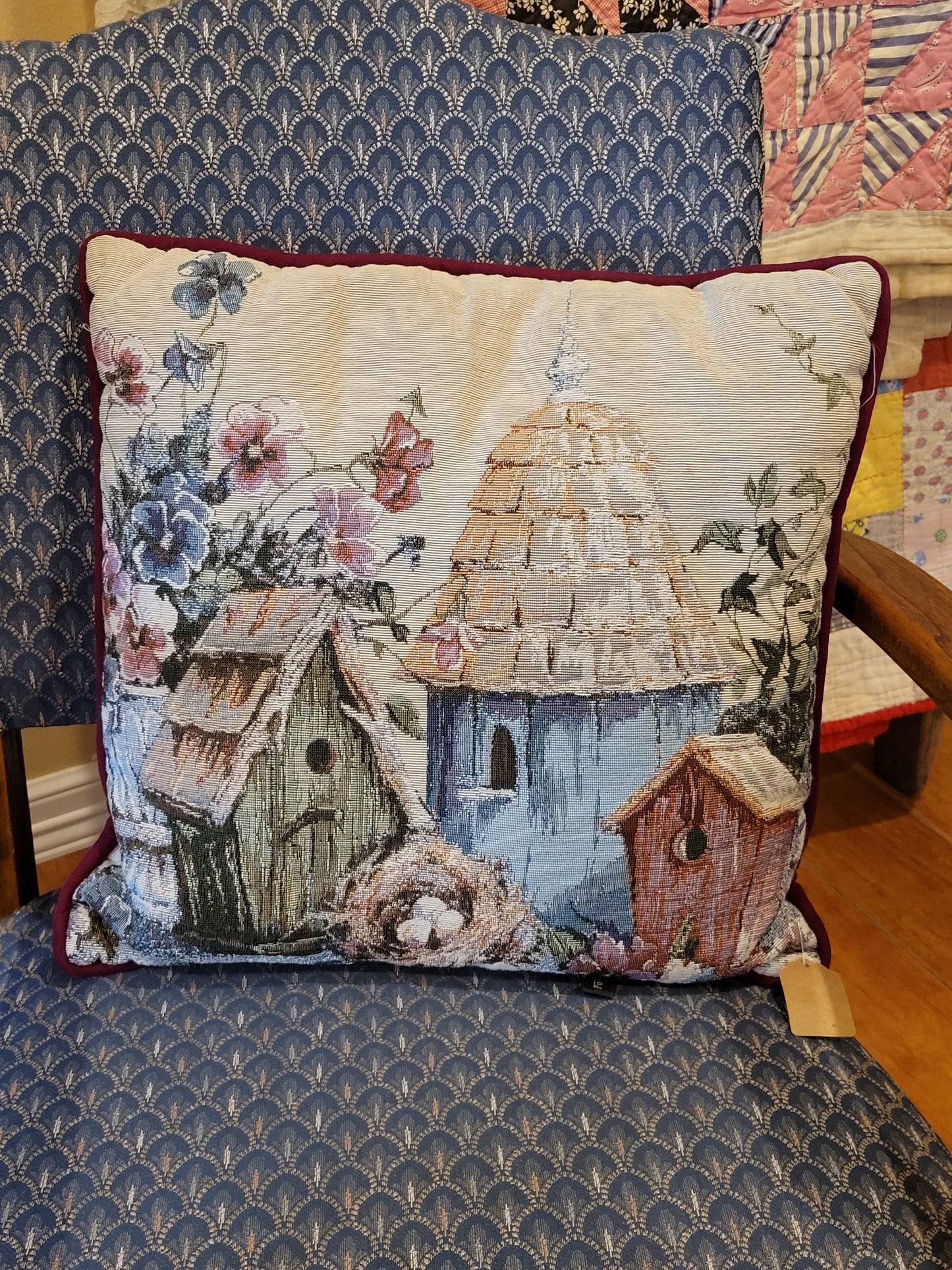 Vintage Tapestry Birdhouse Throw Pillow