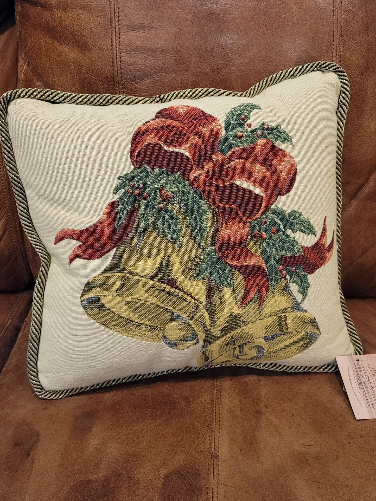 Vintage Tapestry Christmas Bells Throw Pillow