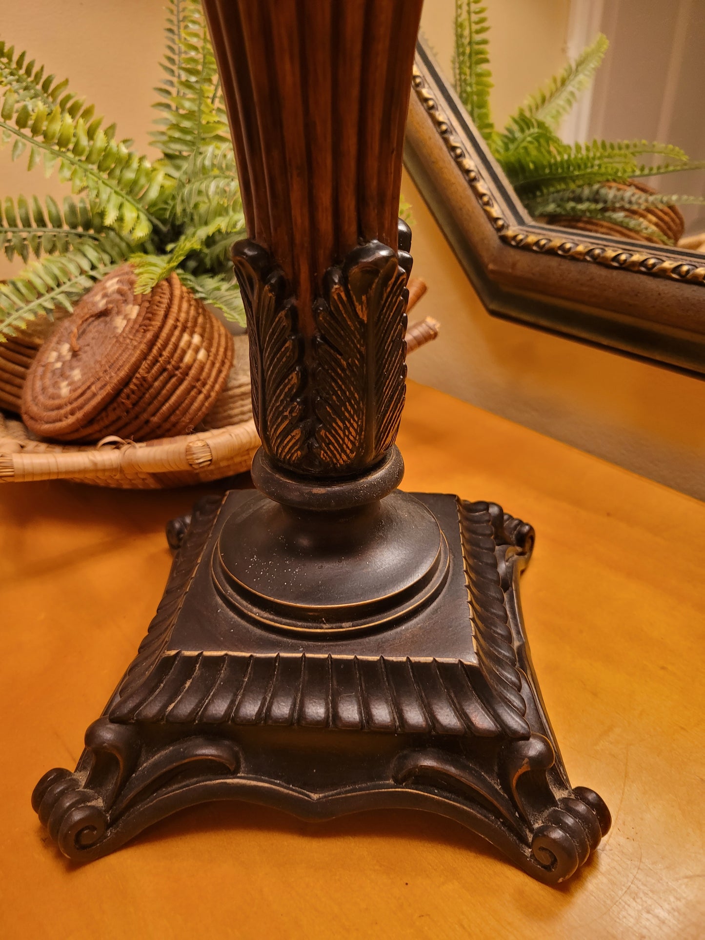 Vintage Bronze and Wood Pedestal Lamp