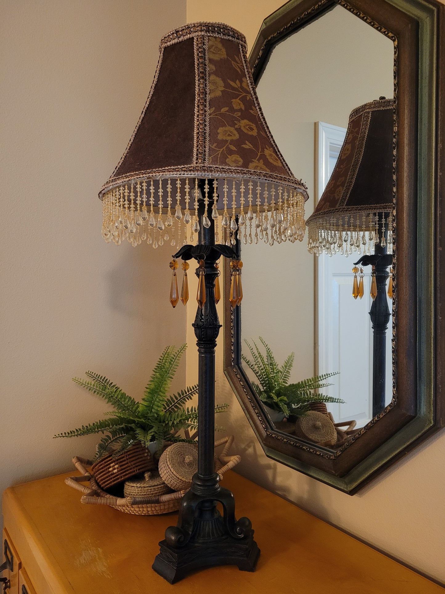 Vintage Candlestick Lamp with Beaded Shade