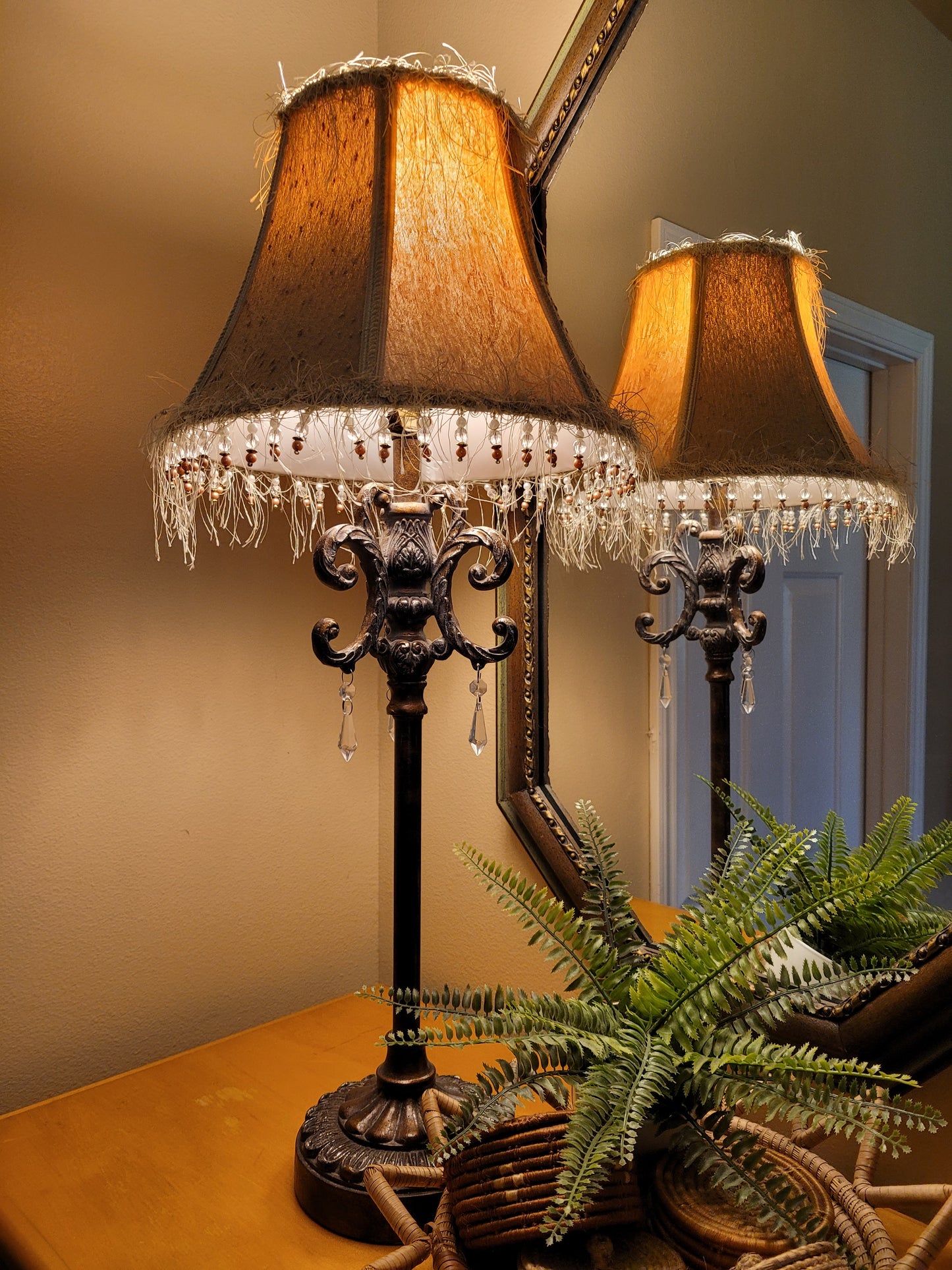 Vintage Antique Bronze Lamp with Beaded Fringed Shade