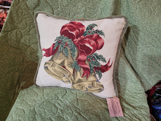 Vintage Tapestry Christmas Bells Throw Pillow