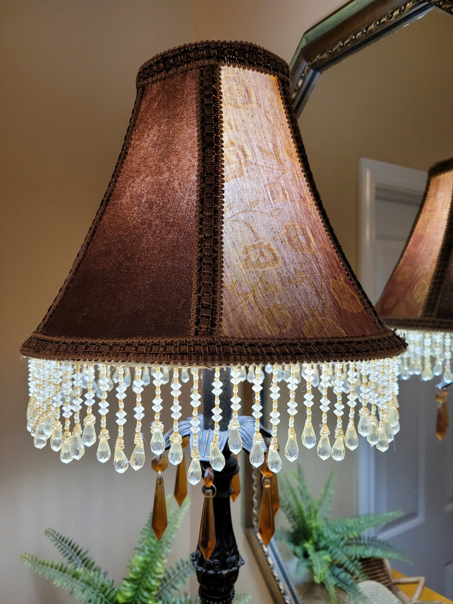 Vintage Candlestick Lamp with Beaded Shade