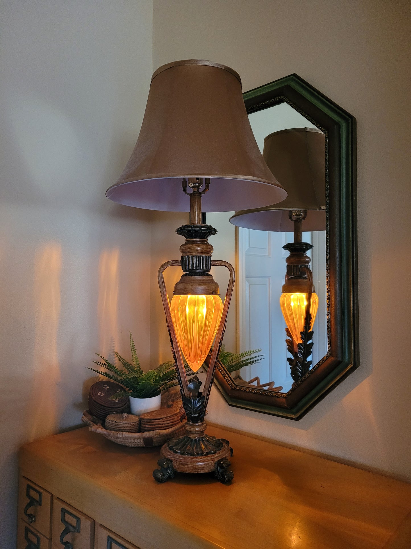 Vintage Table Lamp with Amber Pendant