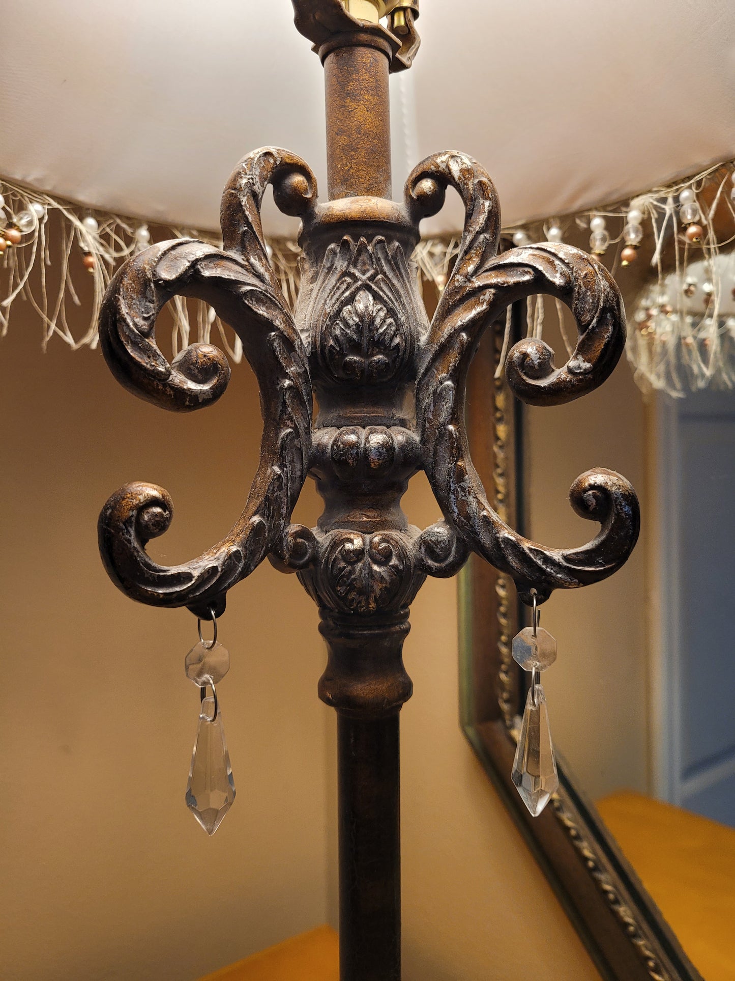 Vintage Antique Bronze Lamp with Beaded Fringed Shade