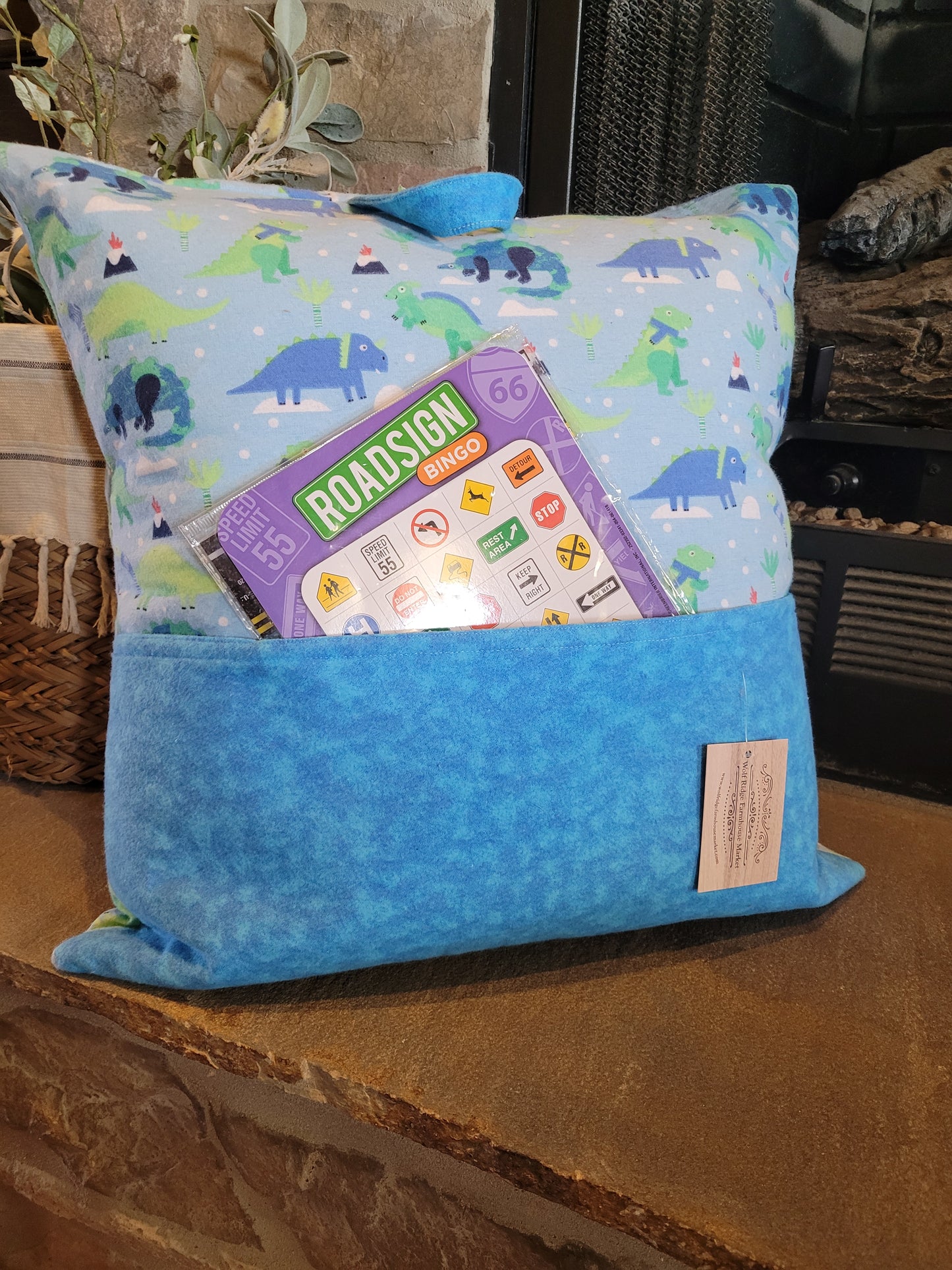 Blue Dinosaur Reading Pocket Pillow