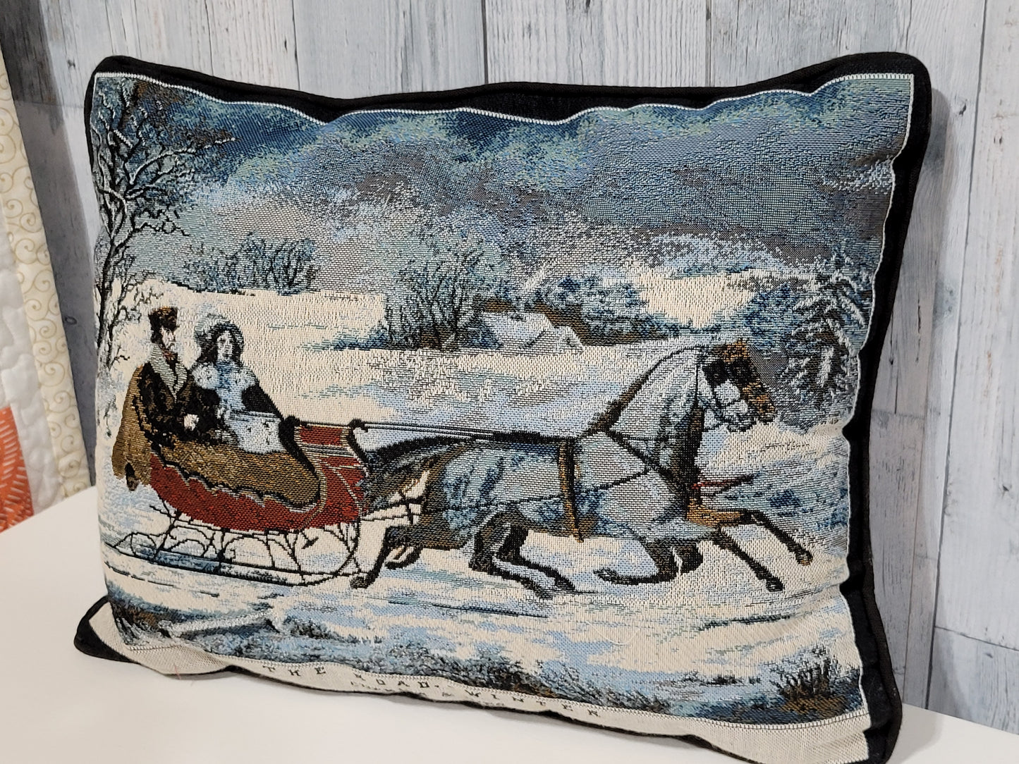 Vintage Tapestry Sleigh Ride Throw Pillow