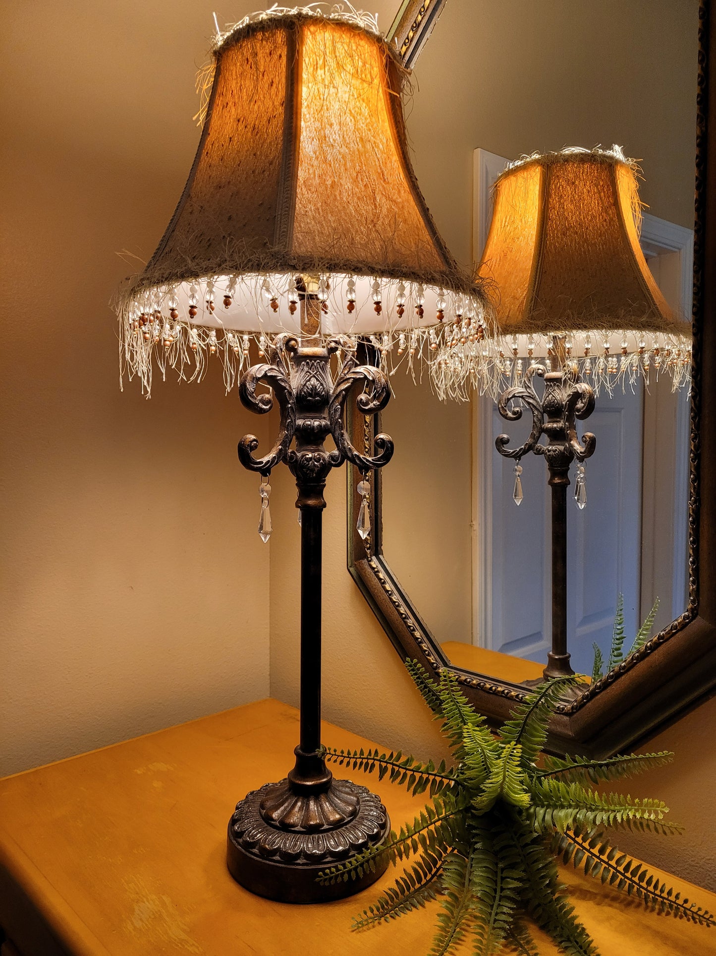 Vintage Antique Bronze Lamp with Beaded Fringed Shade