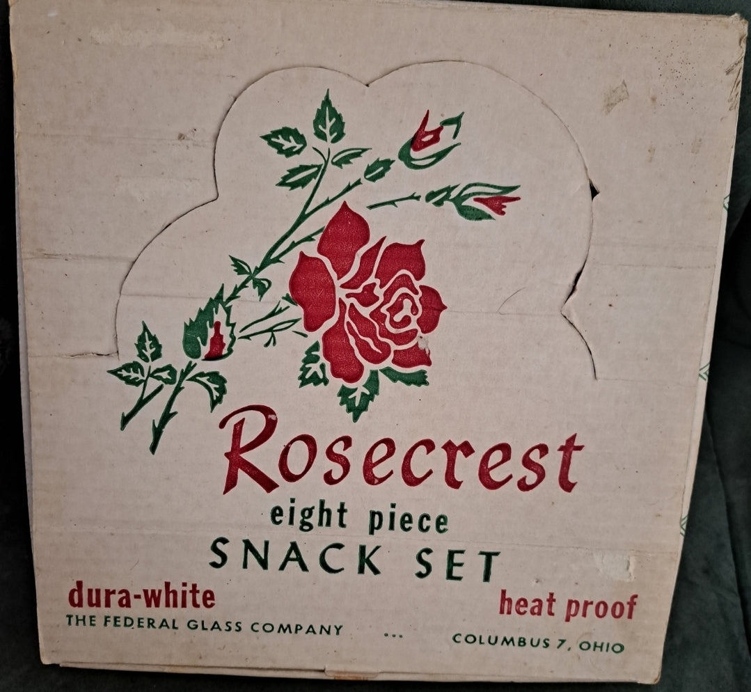 Vintage Federal Glass Company Boxed Snack Set "Rosecrest"