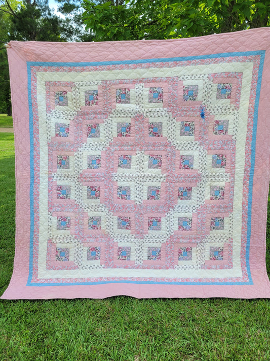Vintage Hand-Quilted Log Cabin Quilt