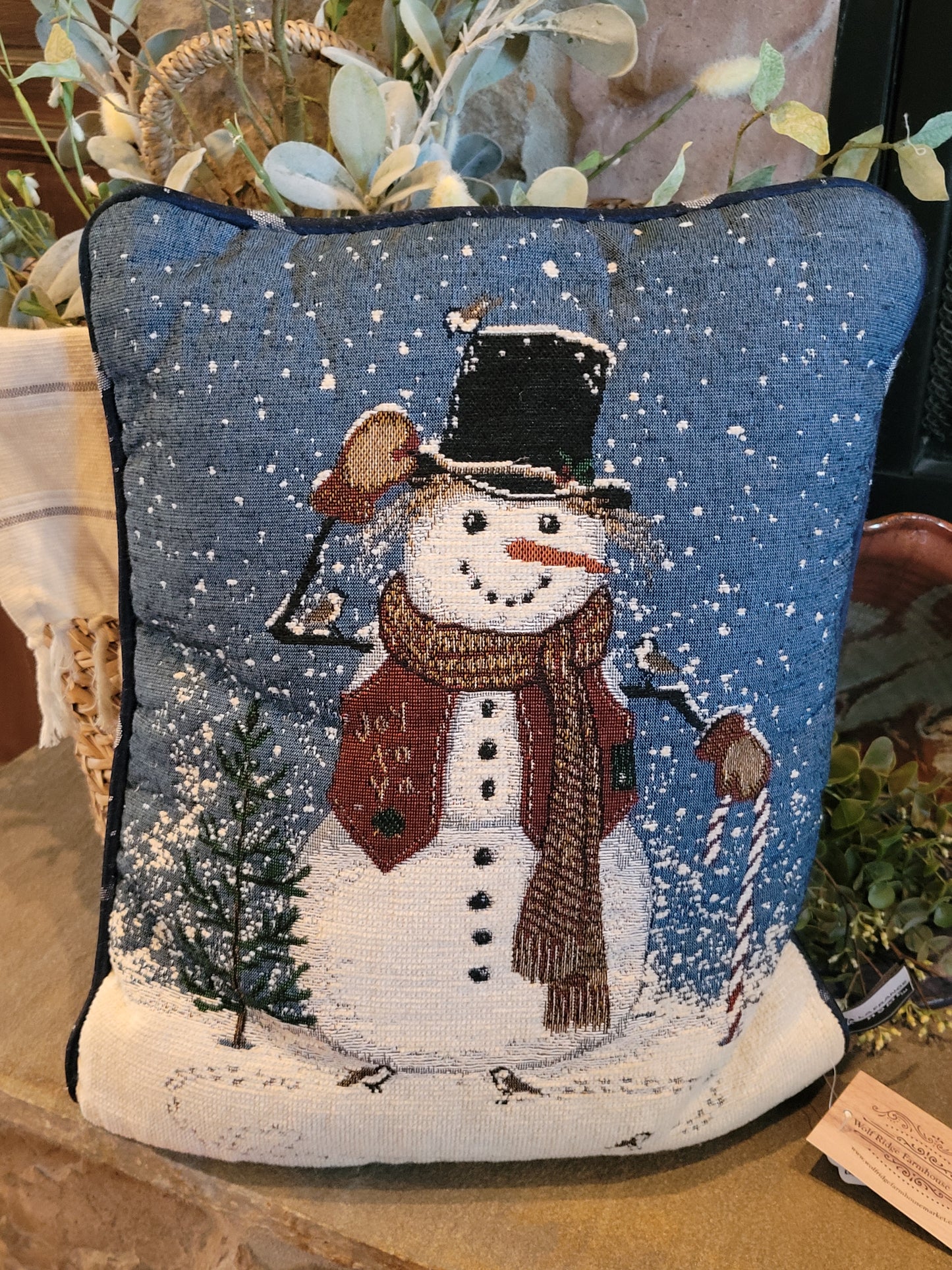 Vintage Tapestry Snowman Pillow