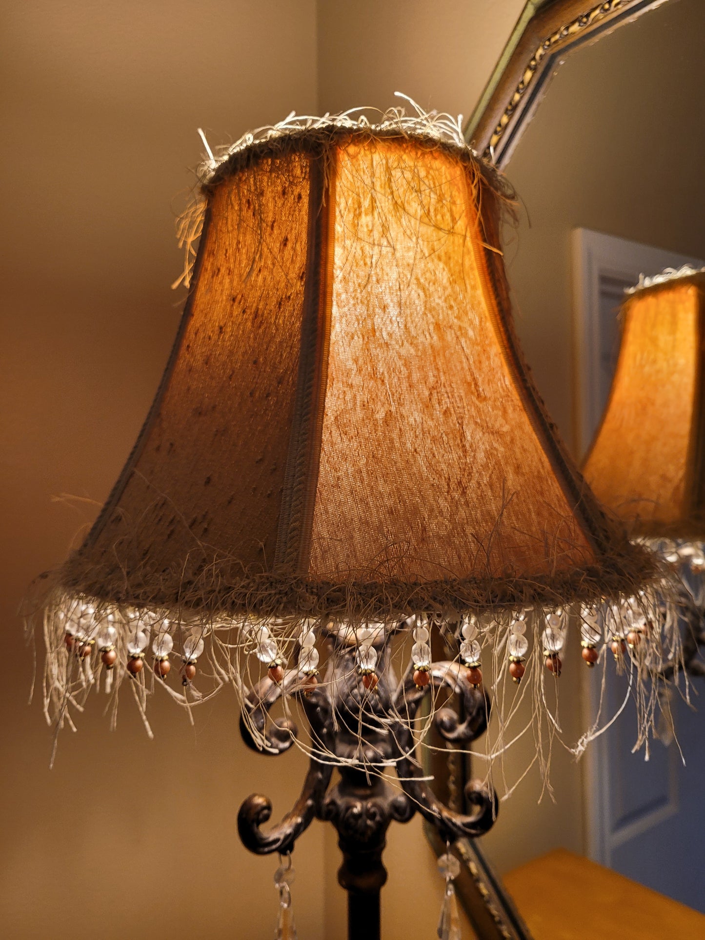 Vintage Antique Bronze Lamp with Beaded Fringed Shade