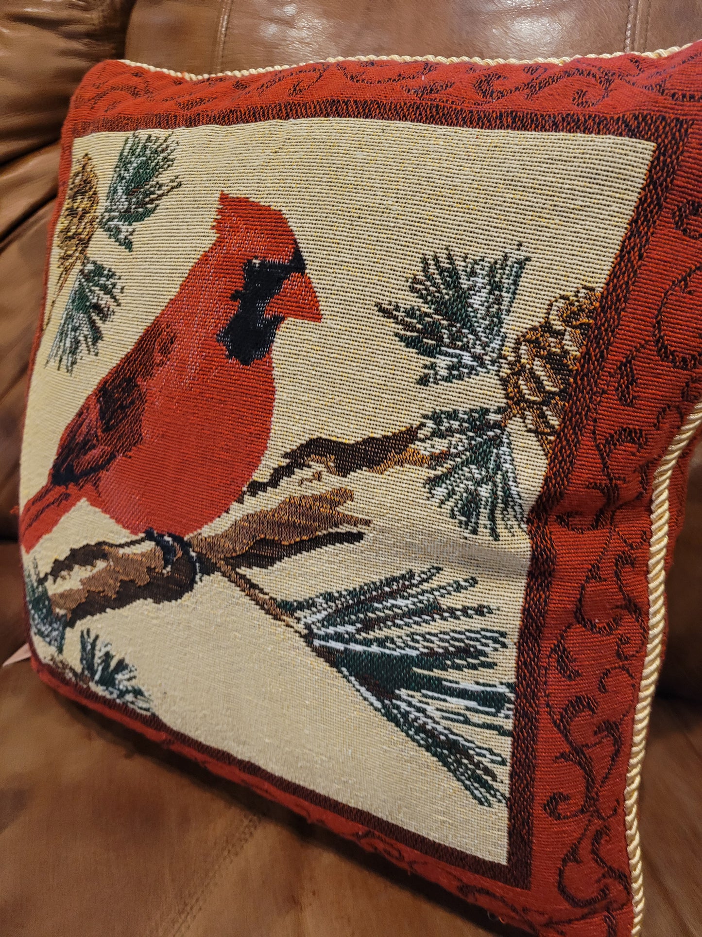 Vintage Tapestry Throw Pillow with Cardinals