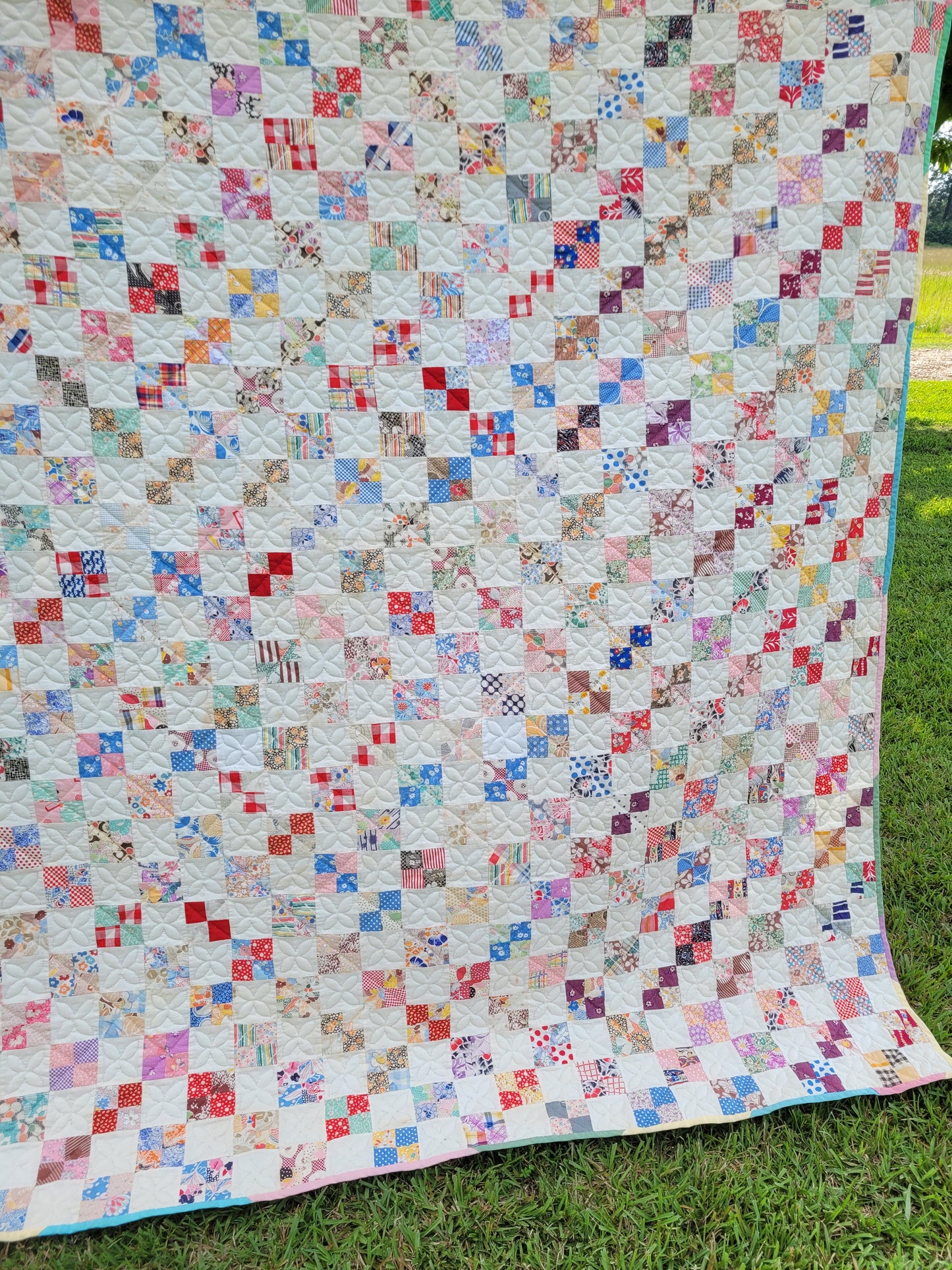 Hand-Quilted Antique 4-Patch Quilt