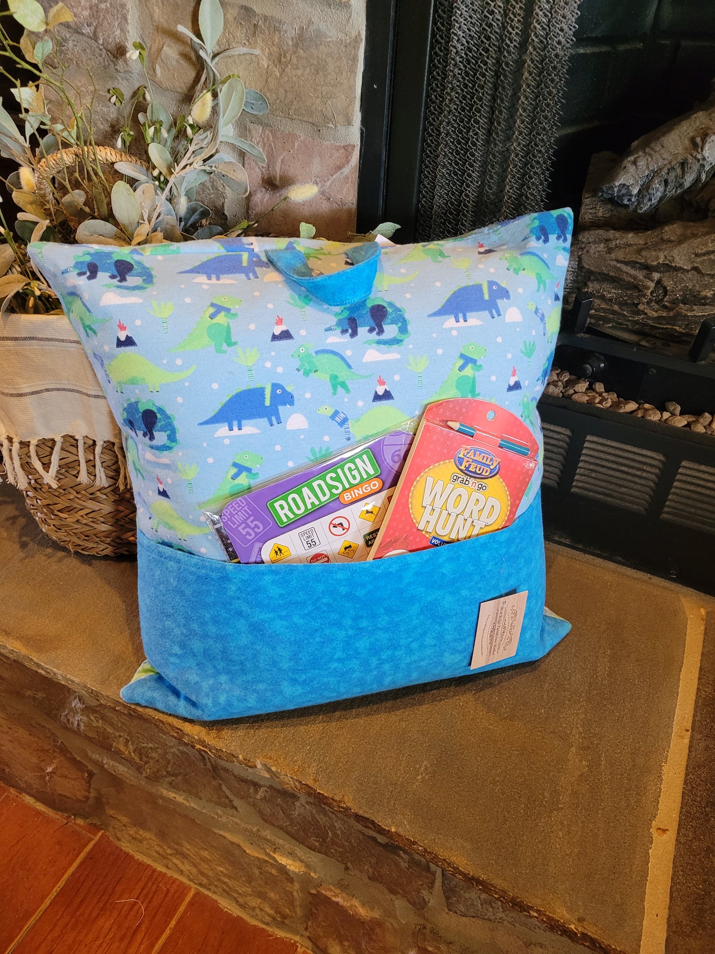 Blue Dinosaur Reading Pocket Pillow