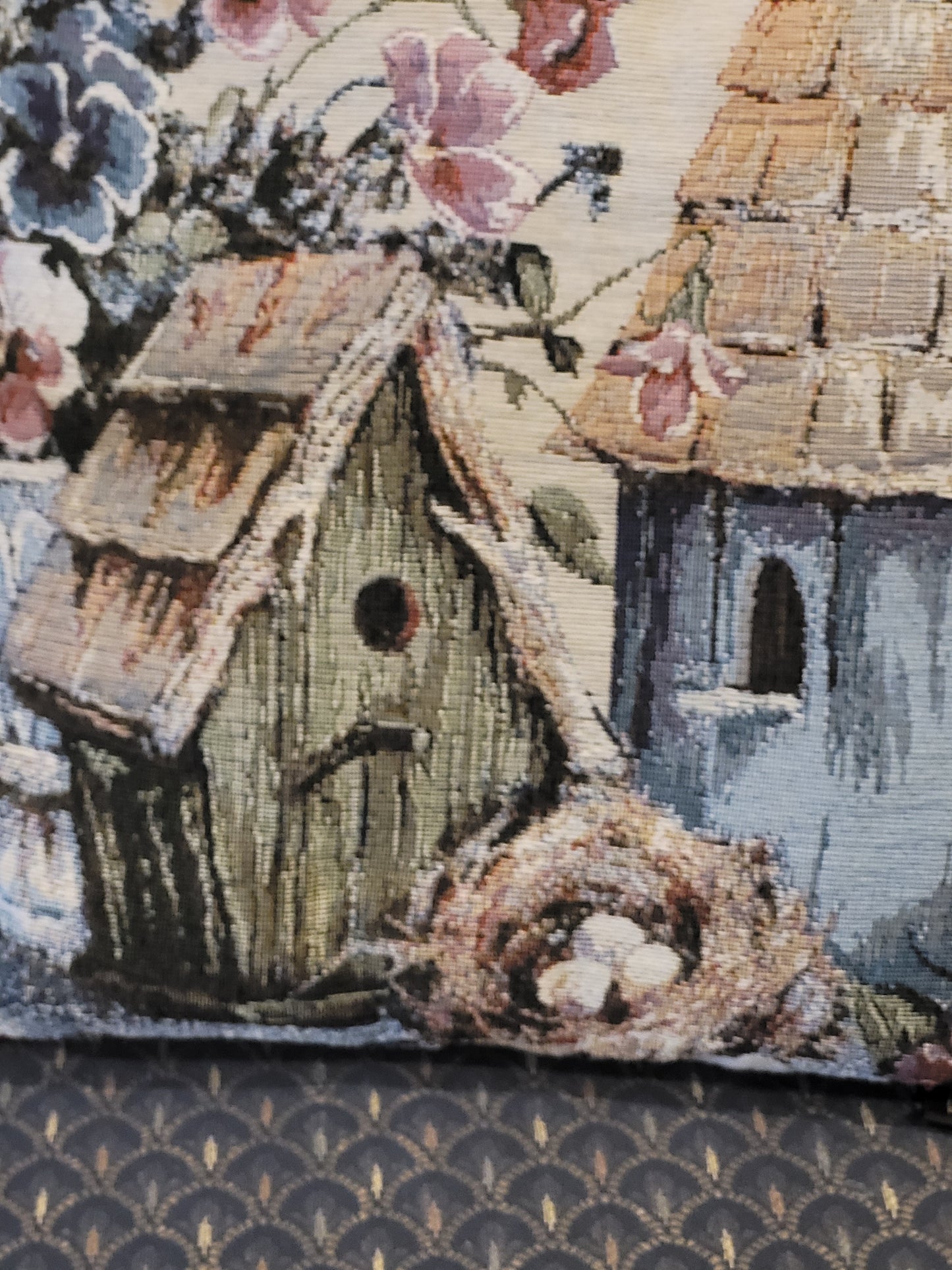 Vintage Tapestry Birdhouse Throw Pillow