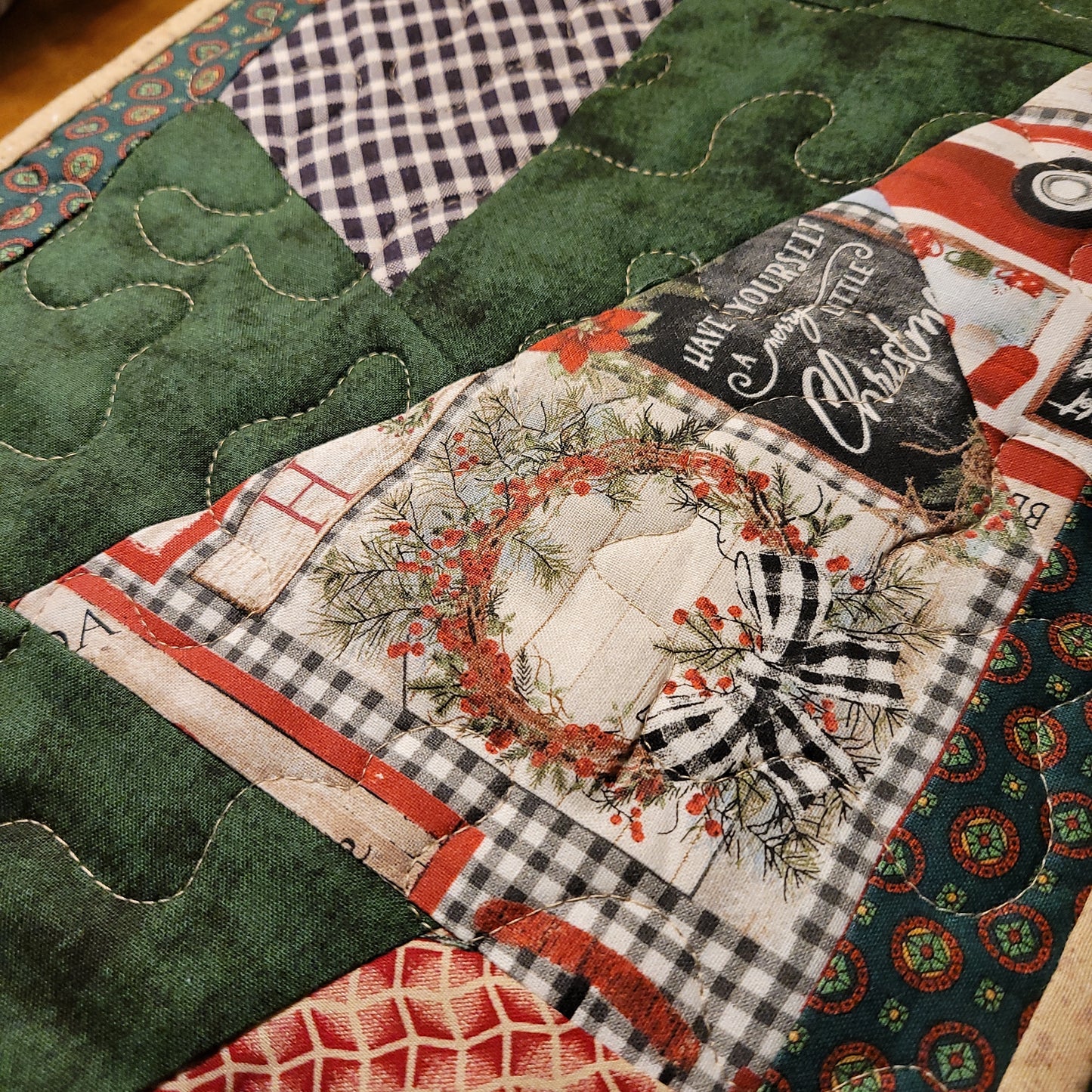 Green Crazy Quilt Table Runner